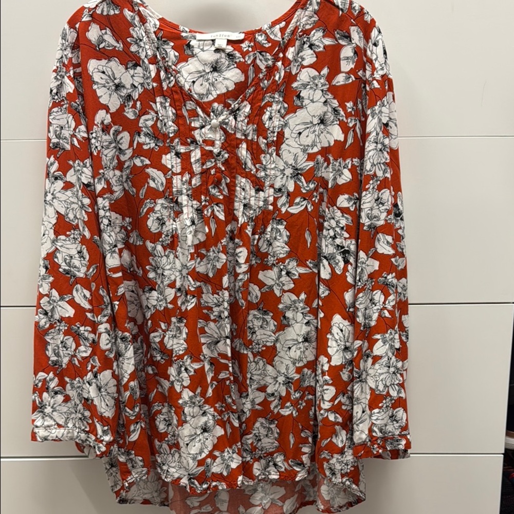 Floral Red/Burnt Orange, Black and White Women's Top